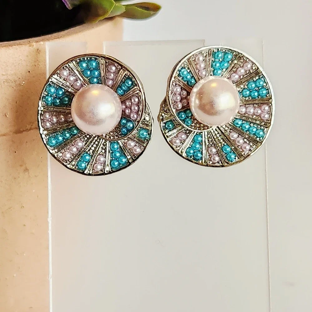 Silver Tone Pink Faux Pearl Teal Beaded Swirl‎ Statement Stud Earrings 1 Inch